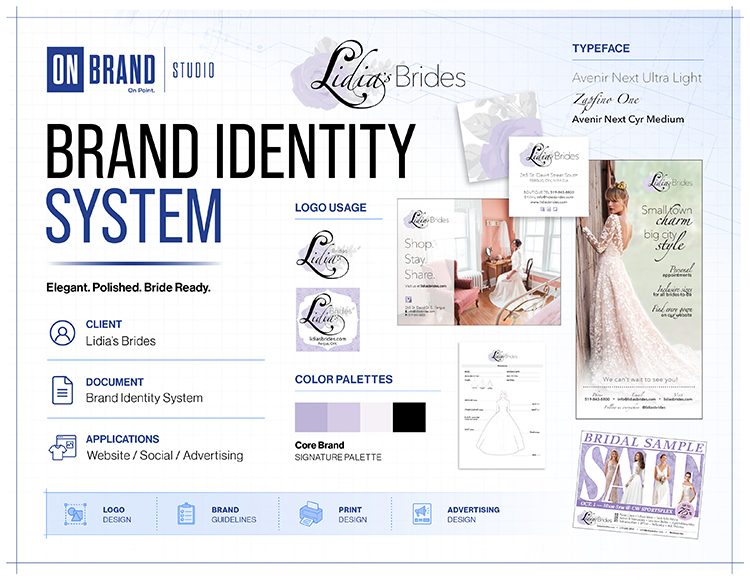 Boutique bridal brand identity system and editorial campaign media for Lidia's Brides by ON Brand Studio